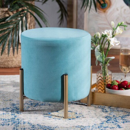 Baxton Studio Thurman Contemporary Glam and Luxe Sky Blue Velvet Upholstered and Gold Finished Metal Ottoman 198-12230-ZORO